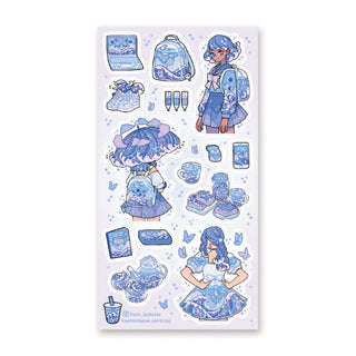 fashion girls clothes outfits blue purple water waves shoes backpack dress sticker sheet
