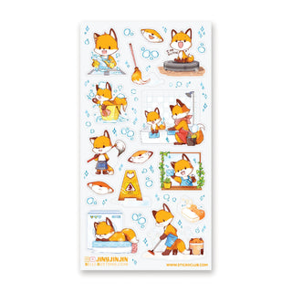 cleaning fox foxes washing dishes mop laundry vacuum soap bubbles sticker sheet