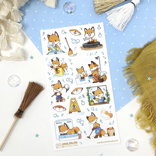 cleaning fox foxes washing dishes mop laundry vacuum soap bubbles sticker sheet