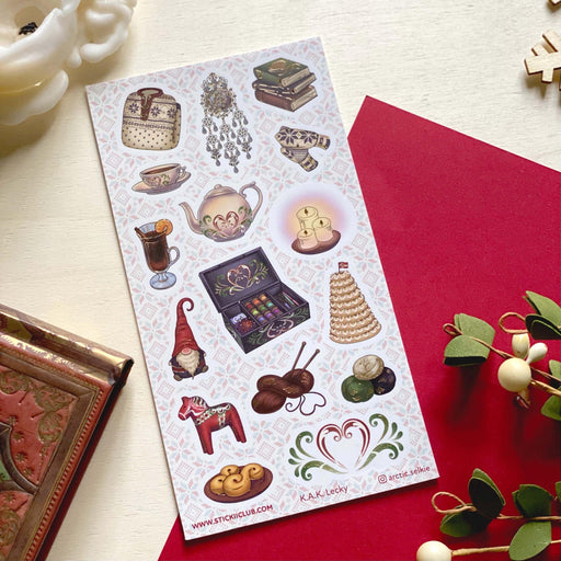 nordic christmas winter sweater gnome hygge cookies dessert candles sticker sheet