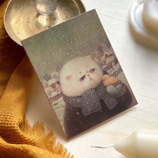 cat snow winter bird scarf white mini card