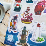 lighthouse kettle tea teapot floral flowers seagull sea ocean sticker sheet