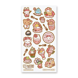 bear bunny cherry blossom sakura dessert cakes snacks spoons pink sticker sheet glitter gold
