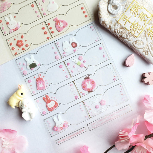 sakura bunny japan fan flowers pink red clear page tabs sticker sheet