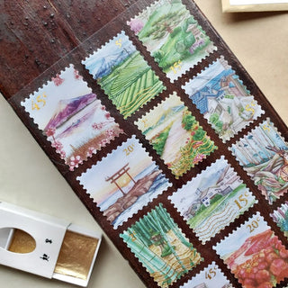 japanese scene village mountain bamboo field stamp sticker sheet