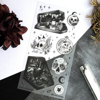 bones skeleton skull roses flowers floral coffin death black cat moon sticker stamp label memo pad notepad