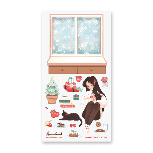 winter snow flake scene girl christmas holiday decor cozy cat sticker sheet