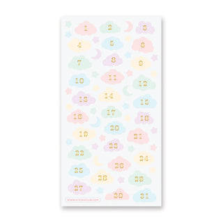 numbered pastel clouds pink purple blue yellow gold moon star dates numbers calendar sticker sheet