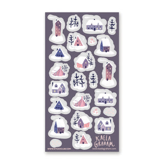 snow snowy houses winter trees pastel roof home village sticker sheet