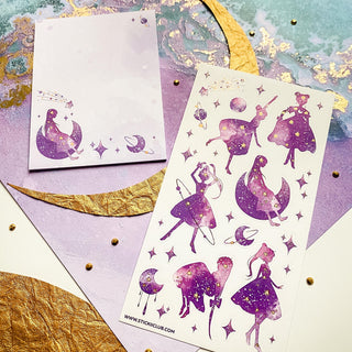 magic fantasy star galaxy moon girls dancing dress gown purple sticker sheet