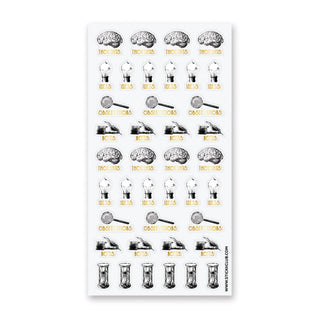 brain thoughts ideas notes hourglass magnifying glass light bulb sticker sheet
