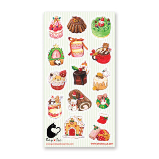 desserts cakes cupcakes cake gingerbread house wreath stocking christmas seasonal holiday sticker sheet mug hot chocolate