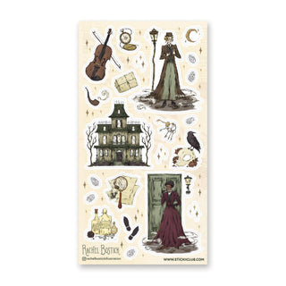 women woman vintage victorian music violin pipe mystery watch night house mansion sticker sheet