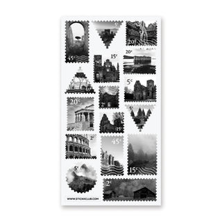 black and white grey stamp nature buildings stone ruins travel old history sticker sheet