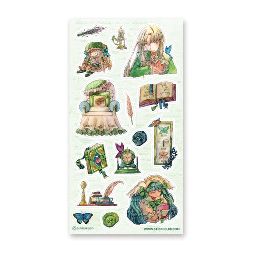 antique girls green book butterfly doll sticker sheet